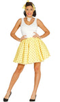 Woman wearing 1950s women's yellow polka dot dress with white top and matching headband