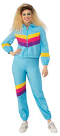 Womens Fancy Dress 1980s blue shell suit costume with colorful stripes and zipper jacket