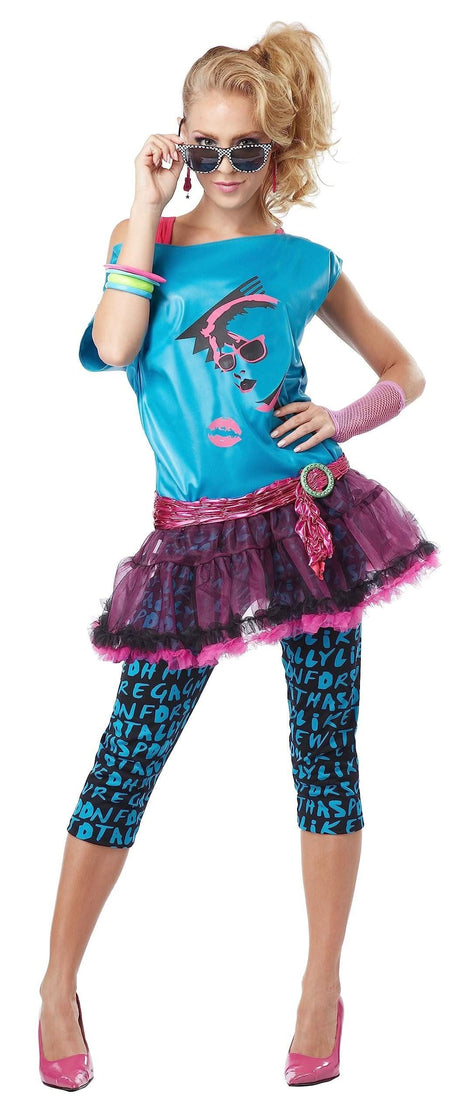 Woman wearing 1980s pop star costume with bright blue top, pink tutu skirt, patterned leggings, and sunglasses