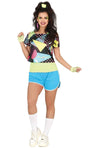 1980s women's gymnast costume with colorful geometric print top blue shorts and white sneakers