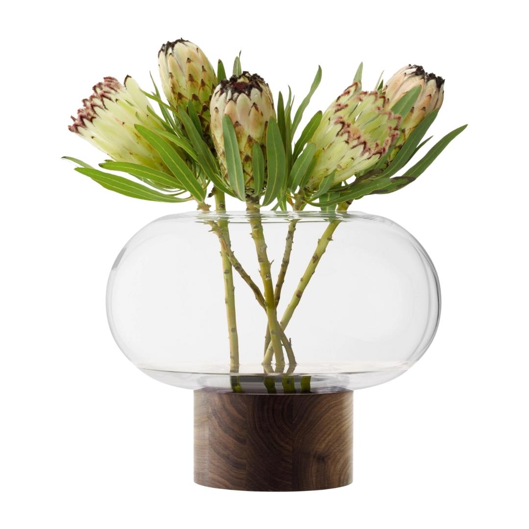 LSA Oblate Glass Vase Lantern 28cm with Walnut Base Clear