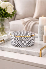 Black & White Geometric Lidded Jar 20cm Wide with Gold Rim