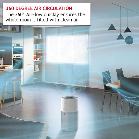 Hoover 300 air purifier in modern living room showing 360 degree air circulation feature