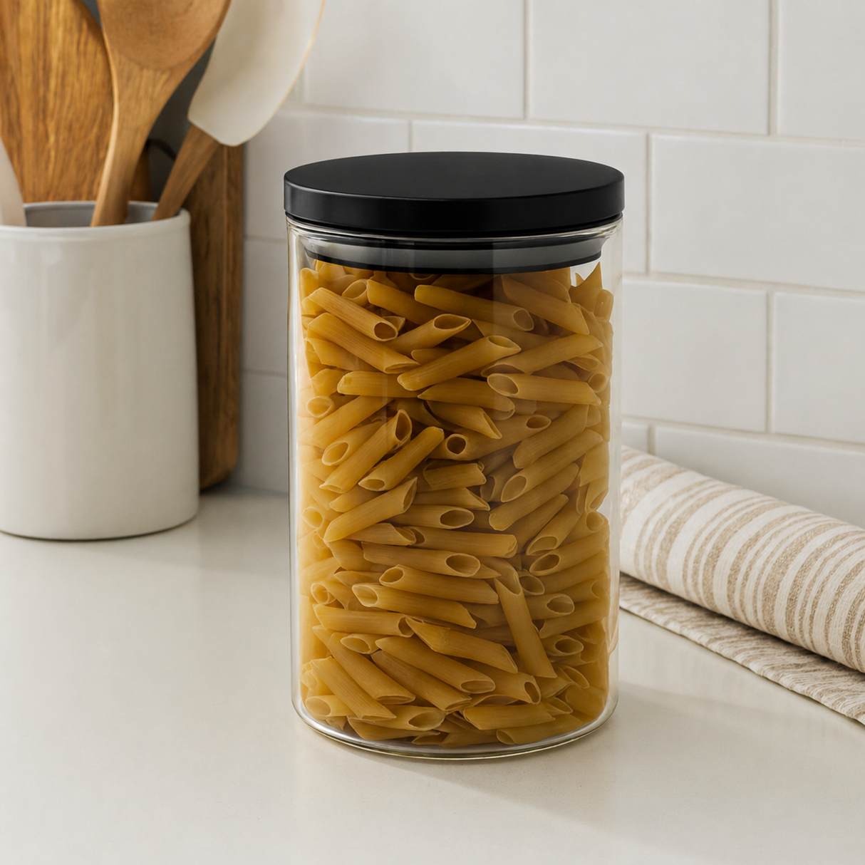 Clear Glass Cylinder Storage Jar with Black Lid 950ml