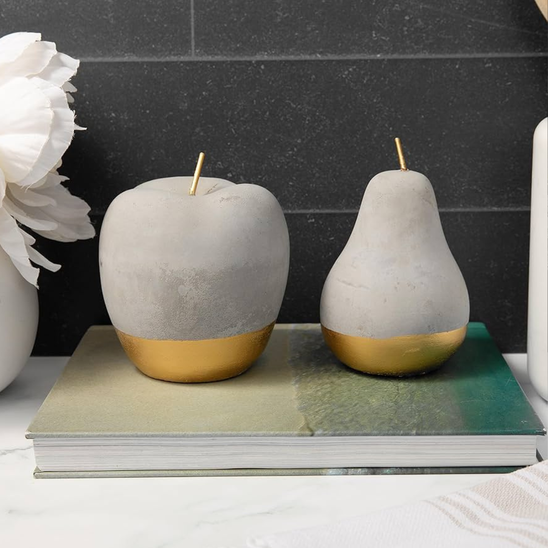 Modern Concrete Apple and Pear Decorative Ornament Set with Gold Detail