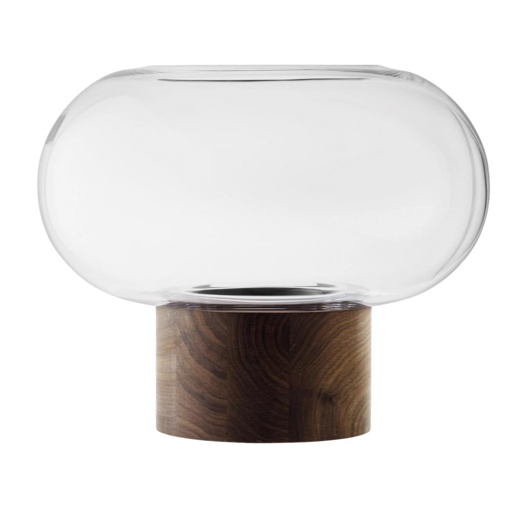 LSA Oblate Glass Vase Lantern 28cm with Walnut Base Clear