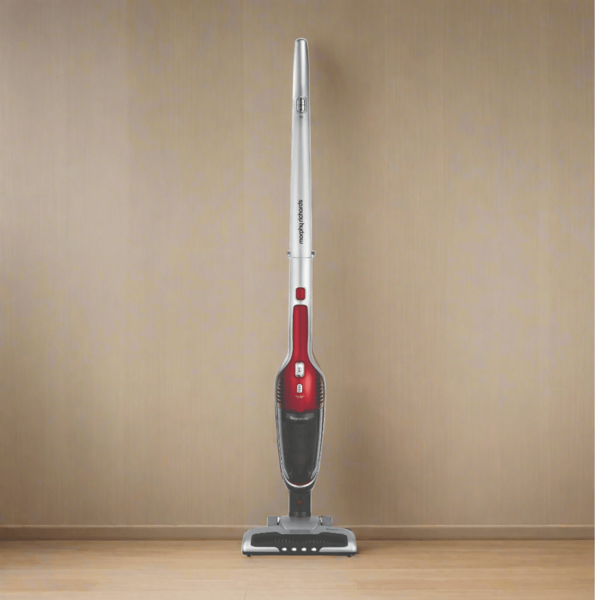 Morphy Richards 2-in-1 vacuum cleaner standing upright with sleek red and silver design for versatile cleaning