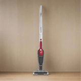 Morphy Richards 2-in-1 vacuum cleaner standing upright with sleek red and silver design for versatile cleaning