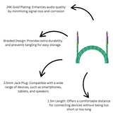 24K Gold Plated Braided Aux Cable 3.5mm Jack 1.5m Green