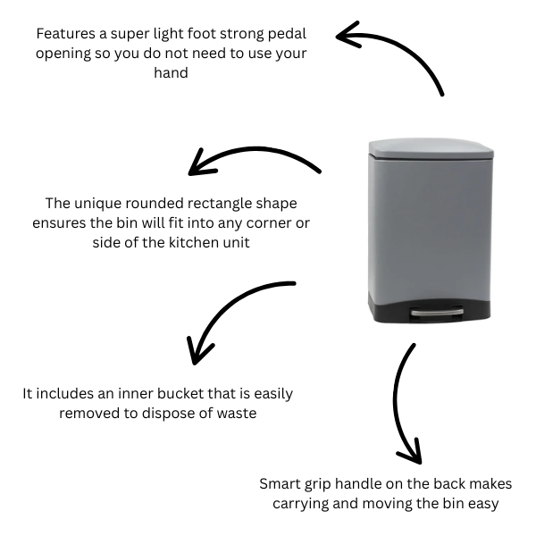 CALITEK 12 Litre Pedal Waste Bin Soft Close Lid and Removable Inner Bucket Hands Free Odour Proof Matt Finish Grey