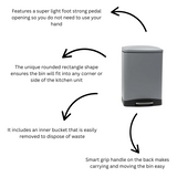 CALITEK 12 Litre Pedal Waste Bin Soft Close Lid and Removable Inner Bucket Hands Free Odour Proof Matt Finish Grey