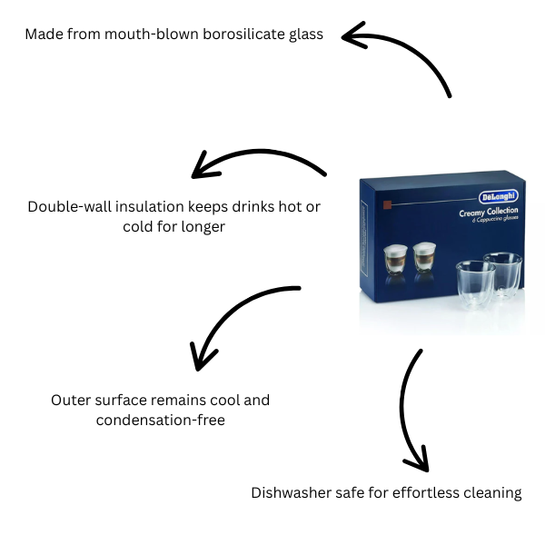 De'Longhi DLSC301 Double Walled Cappuccino Glasses Pack of 6 Clear