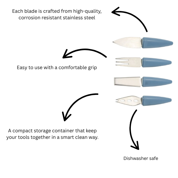 CALITEK Cheese Knife Set with Stand – 4pcs Blue