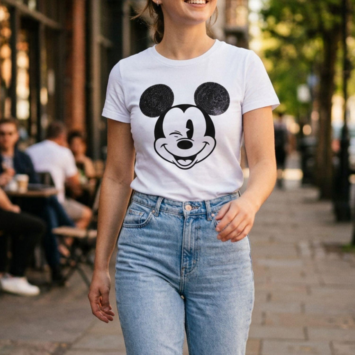 Women's Mickey Mouse T-Shirt 100% Cotton Sequin Detail Size XS White
