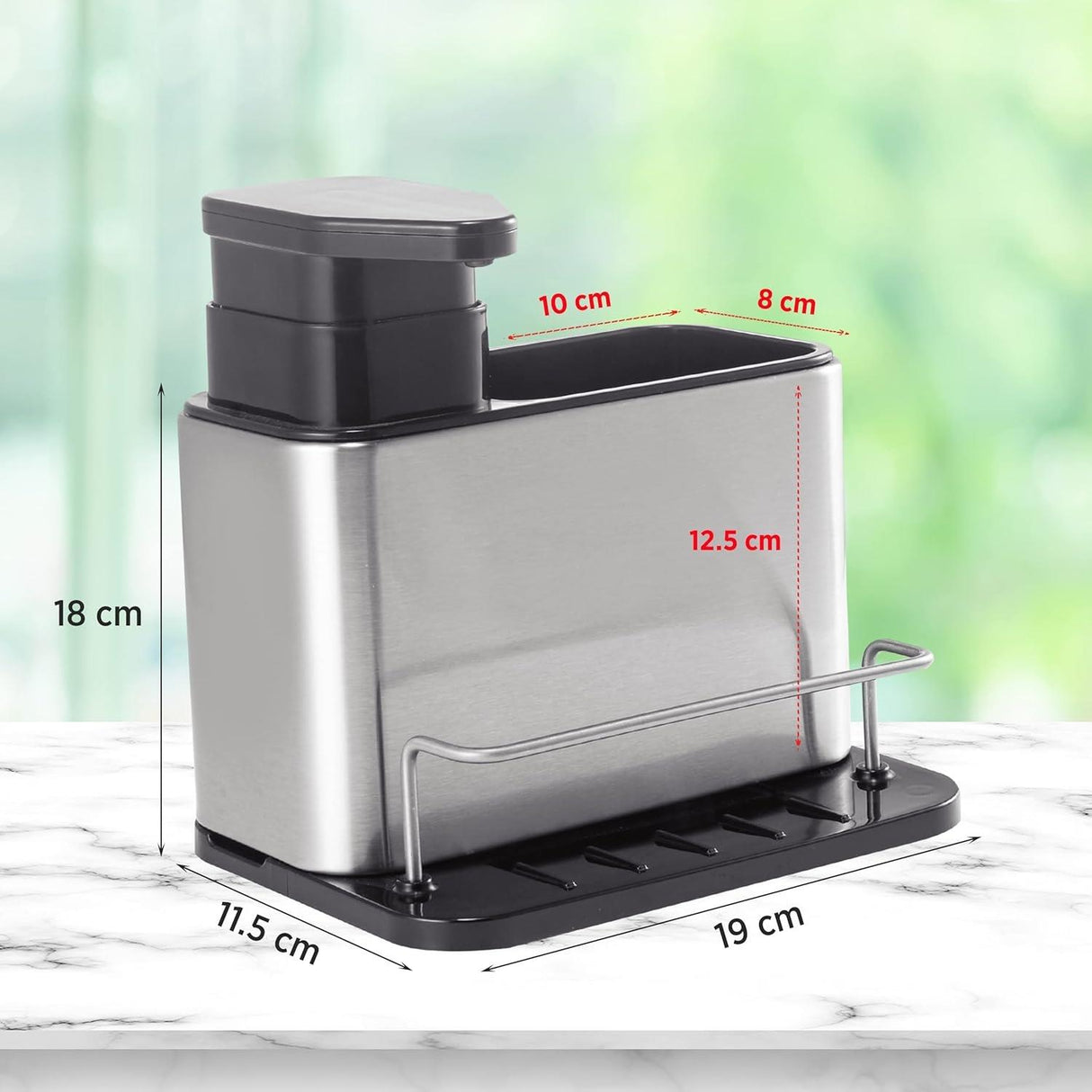 Kitchen Sink Organiser with 340ml Soap Dispenser Pump Silver