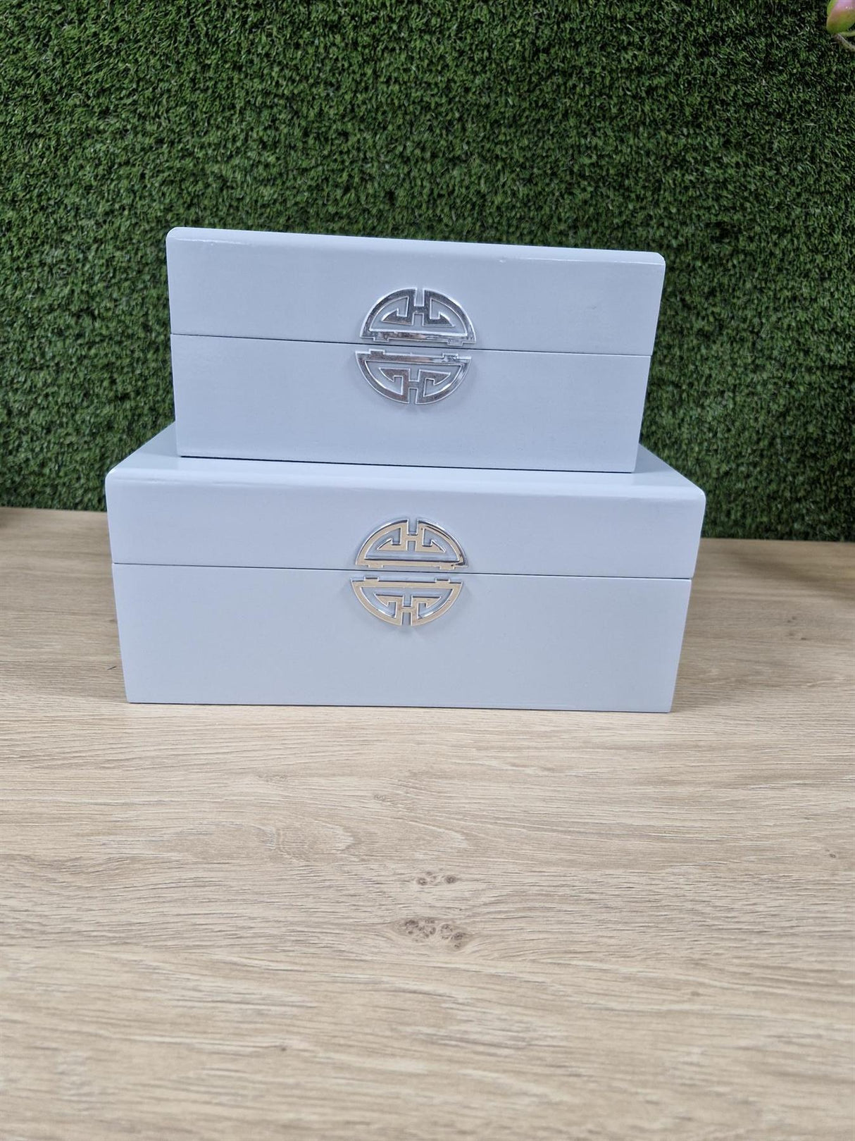 Grey Wooden Storage Boxes with Silver Geometric Motif Set of 2