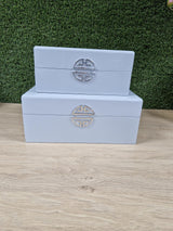Grey Wooden Storage Boxes with Silver Geometric Motif Set of 2