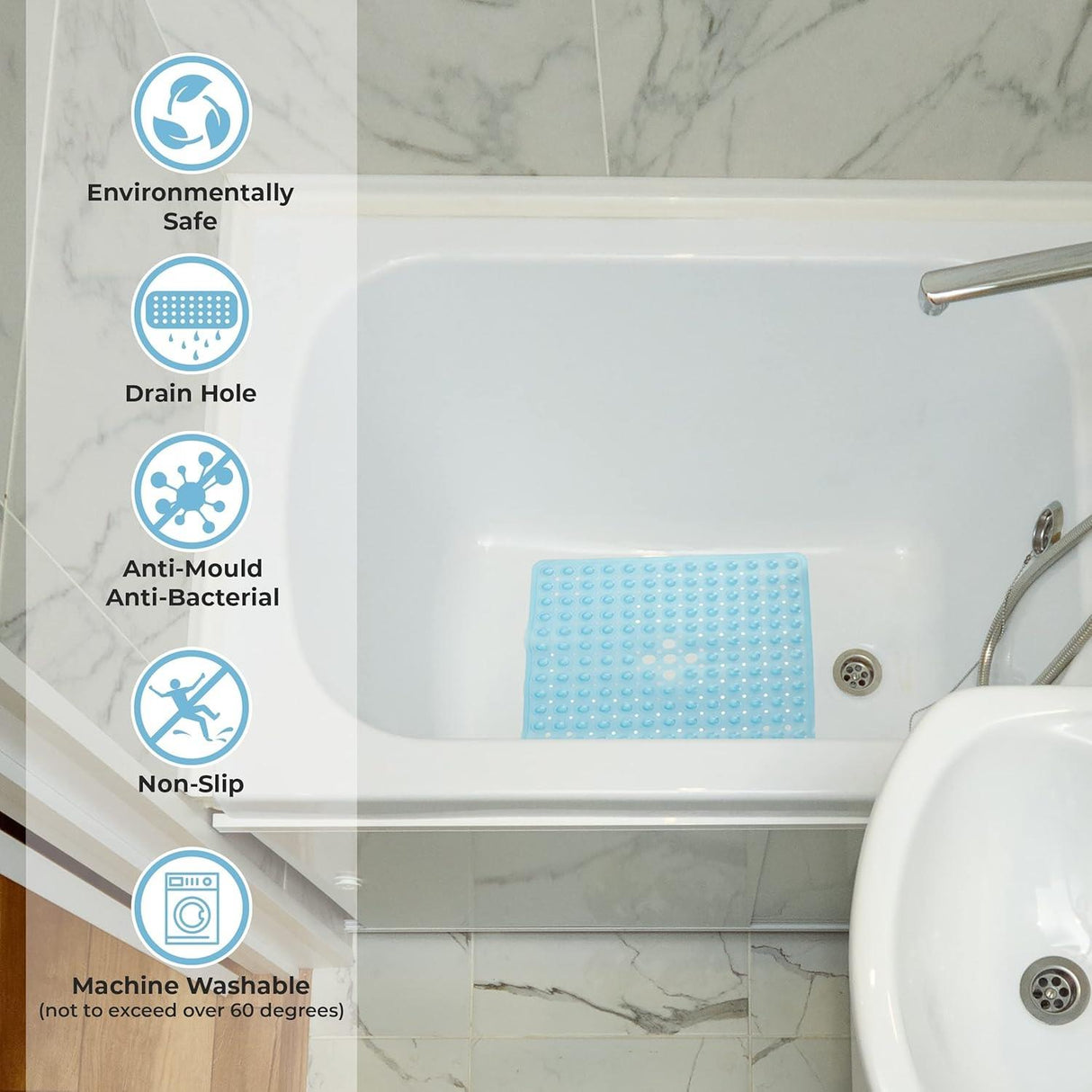 Non-Slip Durable Bath Shower Mat with Suction Cups 53cm x 53cm Blue