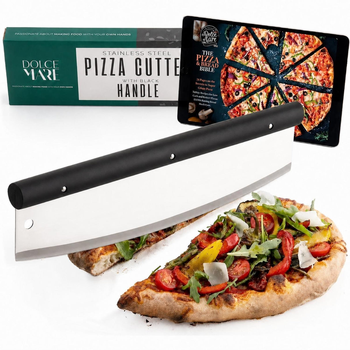 DOLCE MARE Stainless Steel Pizza Cutter Rocker Blade with Black Handle