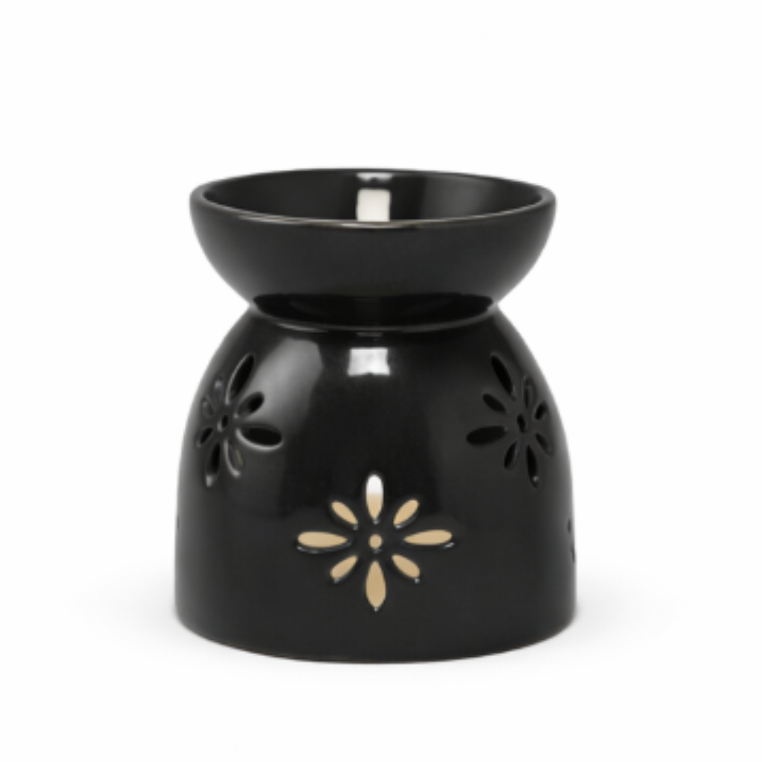 Modern Black Ceramic Wax Burner with Decorative Flower Cutouts