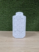 White Hexagonal Ceramic Vase with Black Swirl Pattern