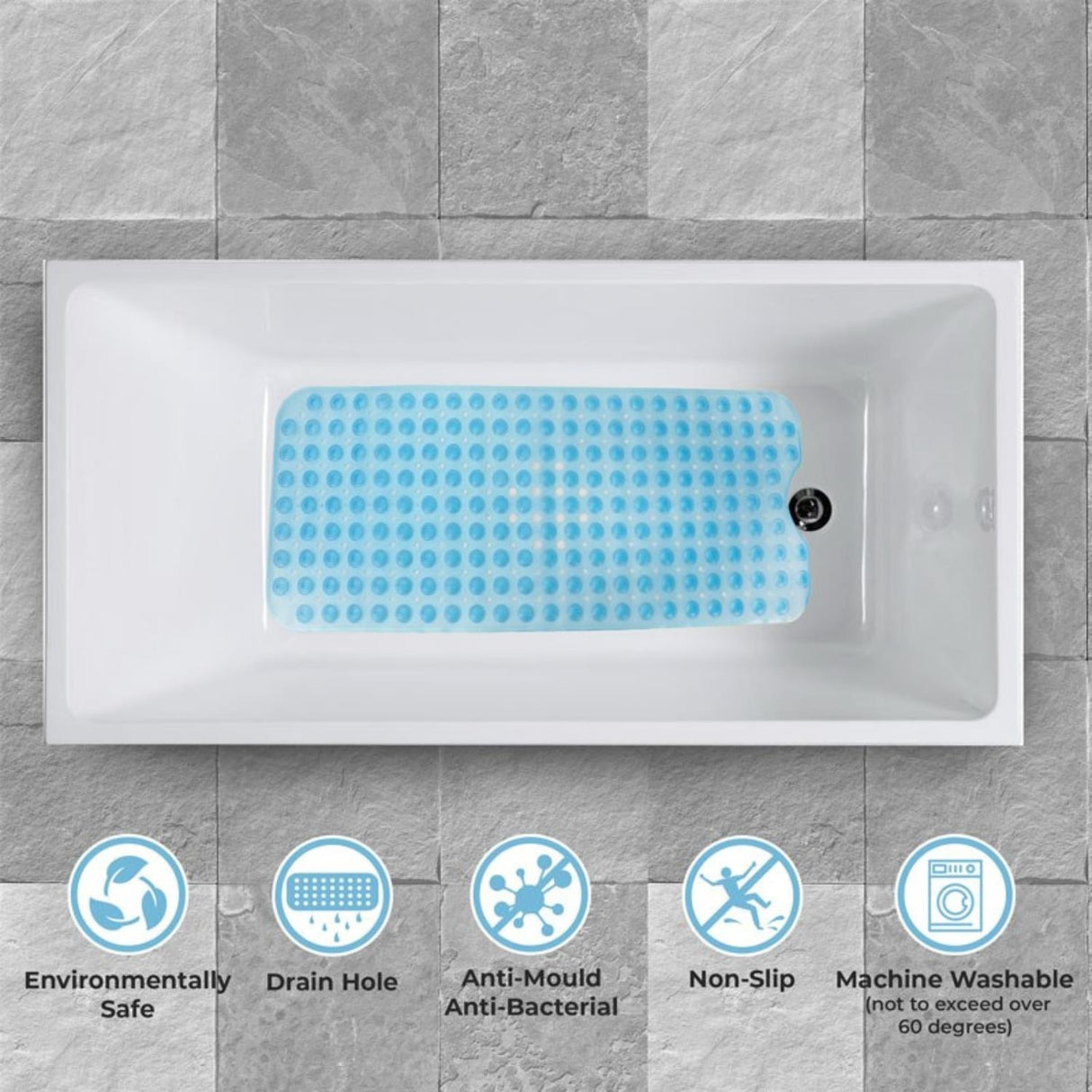 Non-Slip Durable Bath Shower Mat with Suction Cups 40cm x 100cm Blue
