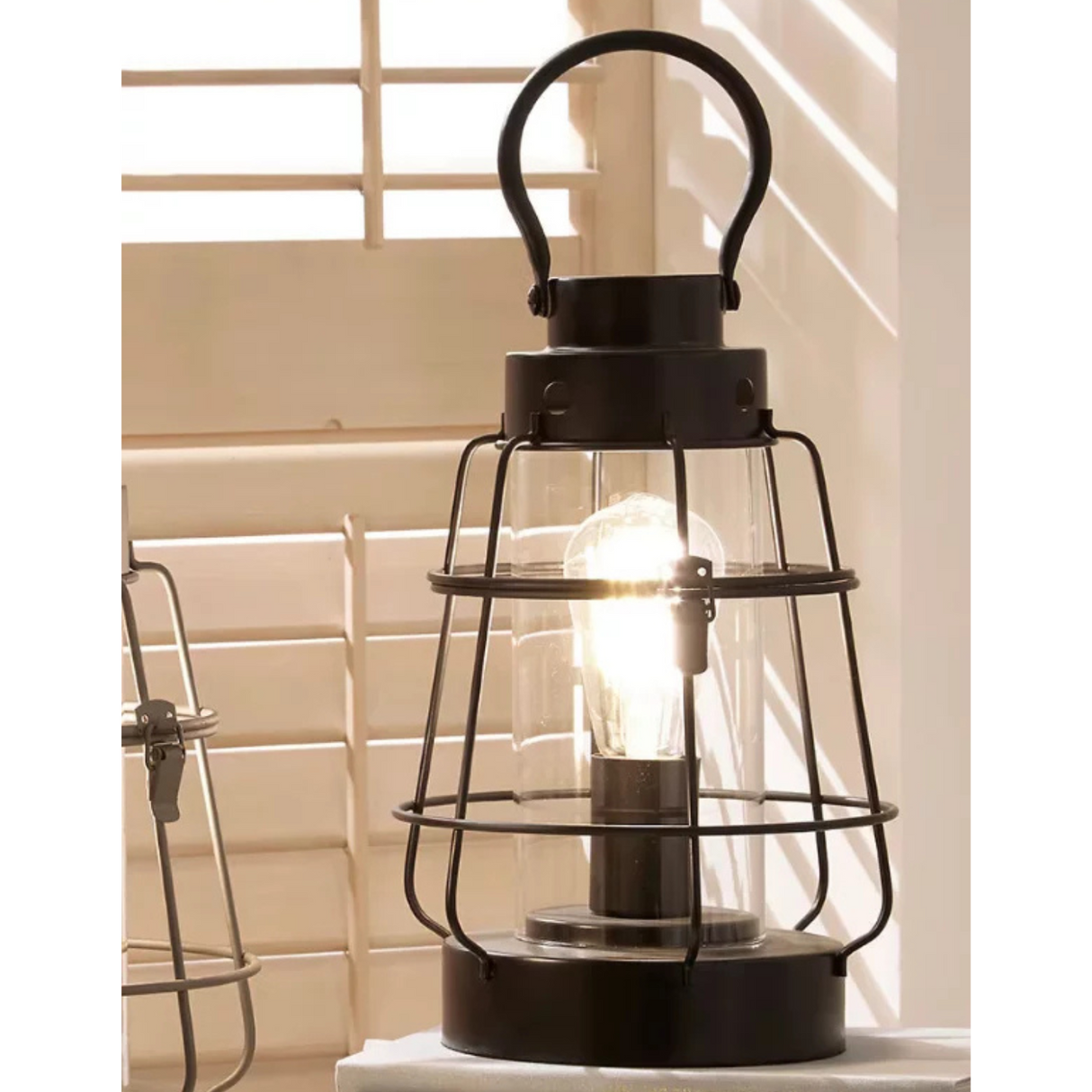 Black Metal and Clear Glass Oil Lantern Table Lamp