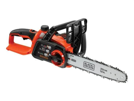 Black and Decker cordless chainsaw 12 inch blade with ergonomic handle and safety guard