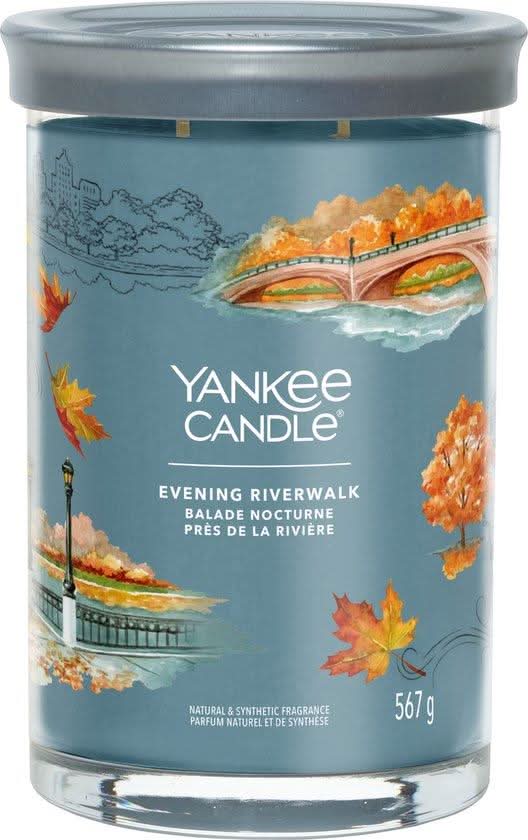 Yankee Candle Evening Riverwalk large tumbler with autumn leaves and bridge design