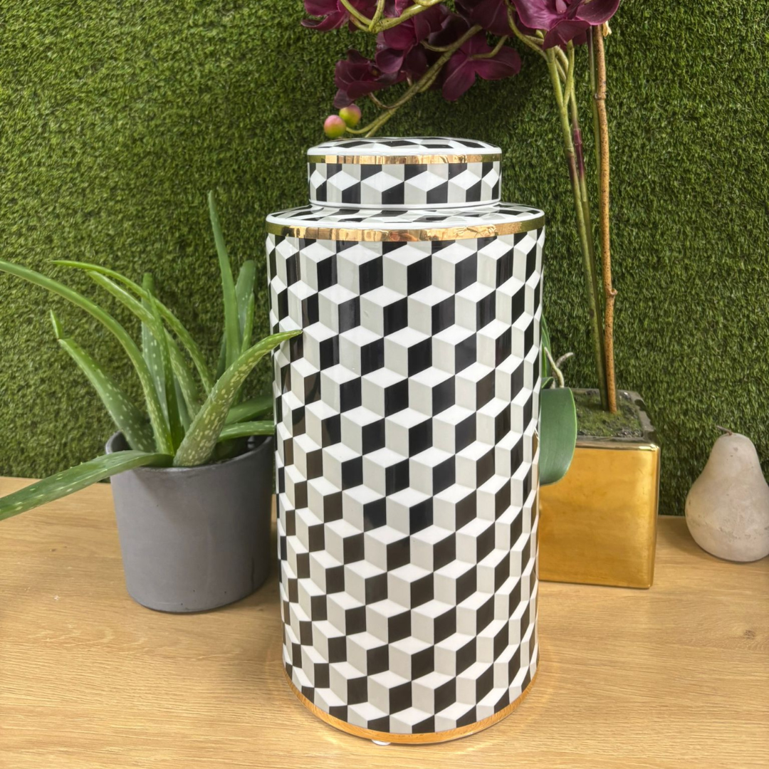 Black and White Geometric Vase with Gold Accent Approx 37cm