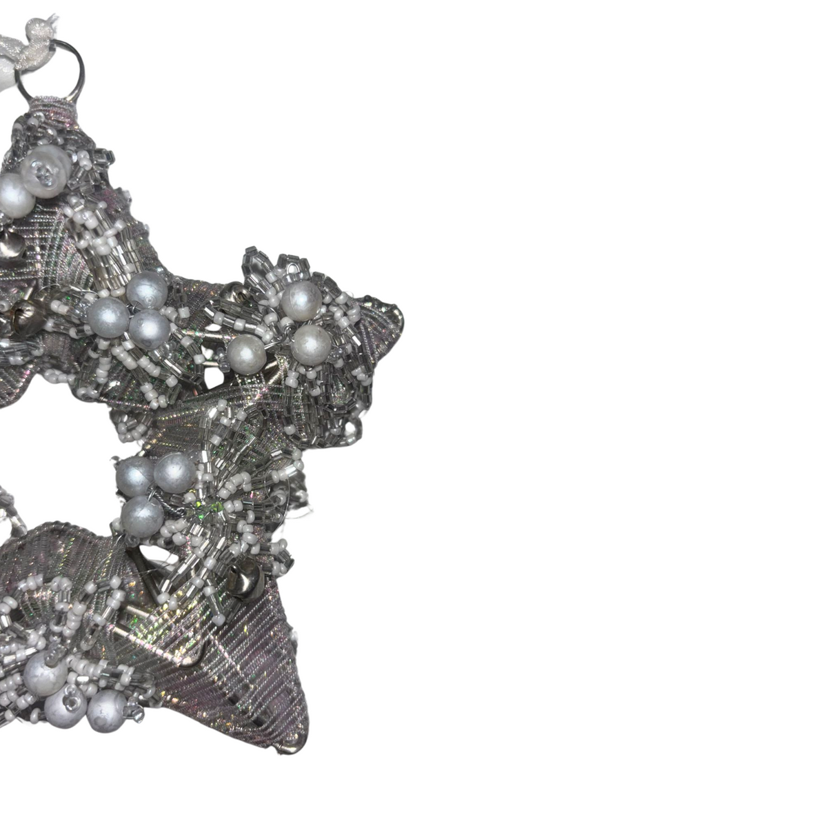 Silver Snowflake Tree Topper Beaded Star with Ribbon