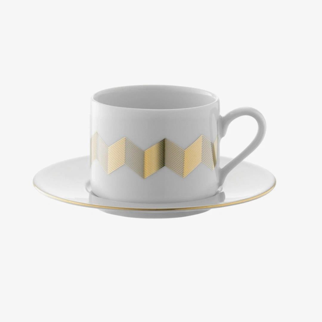 LSA Chevron Porcelain Teacup and Saucer 250ml Set Of 4 White and Gold