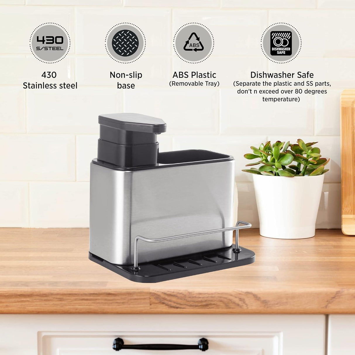 Kitchen Sink Organiser with 340ml Soap Dispenser Pump Silver