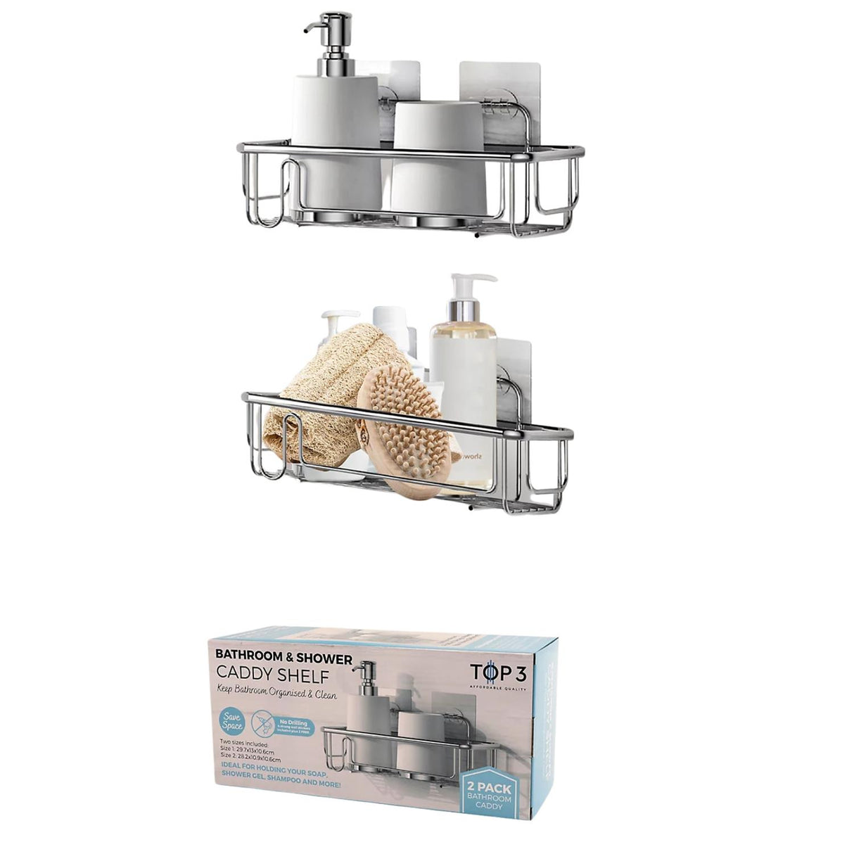 Rectangular 2x Shower Caddy Bathroom Suction Shelf Storage Holder No Drill Silver