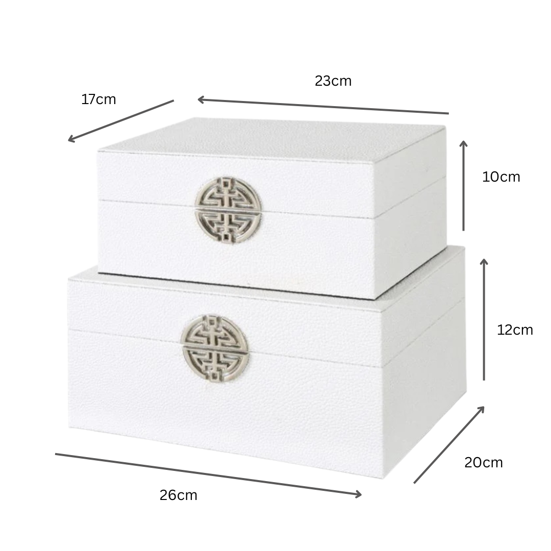 White Faux Leather Keepsake Box with Metal Clasp Set of 2
