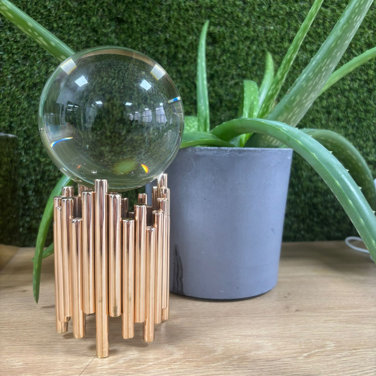 Crystal Ball with Gold Geometric Metal Stand 20cm
