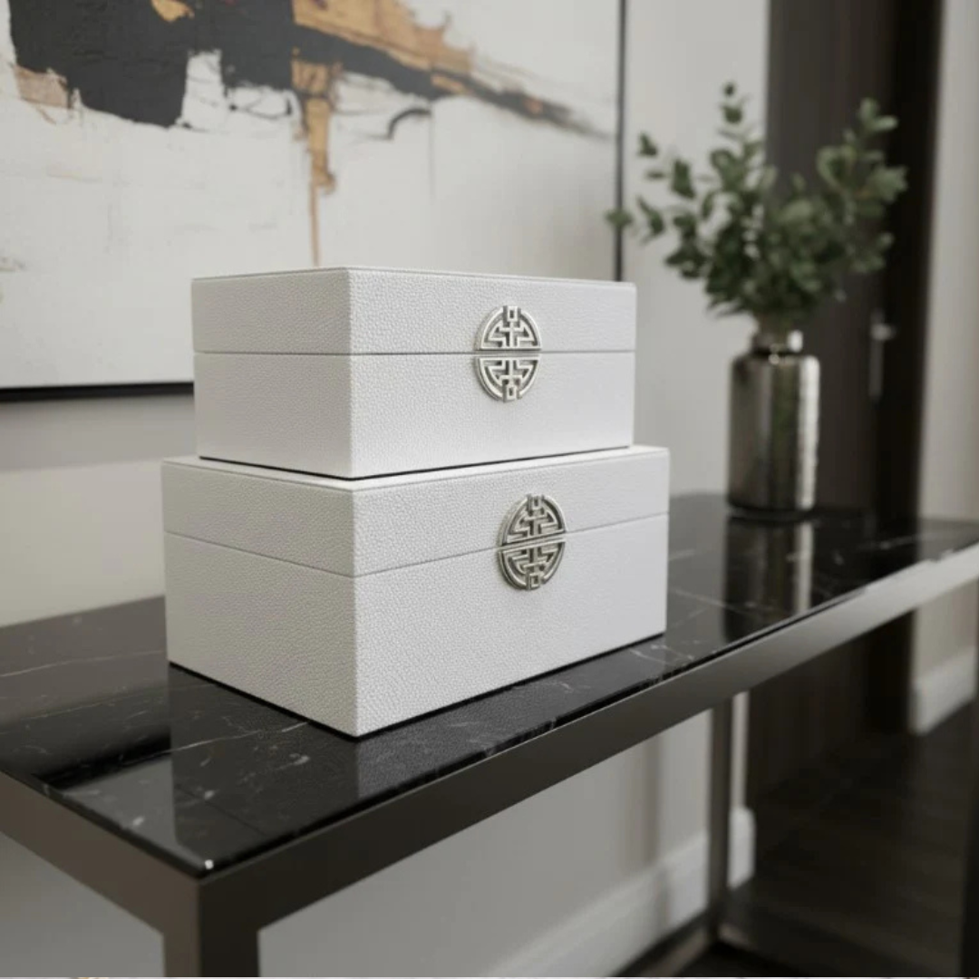 White Faux Leather Keepsake Box with Metal Clasp Set of 2