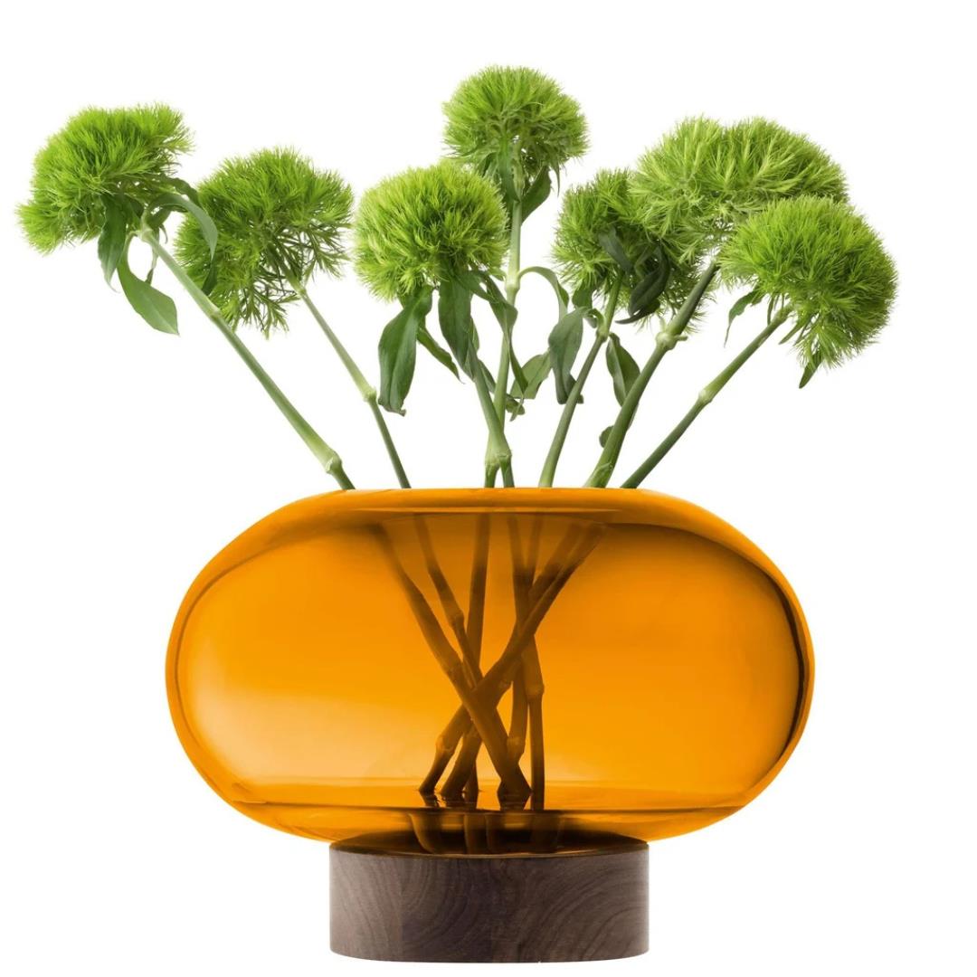 LSA Oblate Glass Vase Lantern 19.5cm with Walnut Base Amber