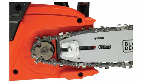 Close-up view of Black and Decker cordless chainsaw chain and blade with orange body