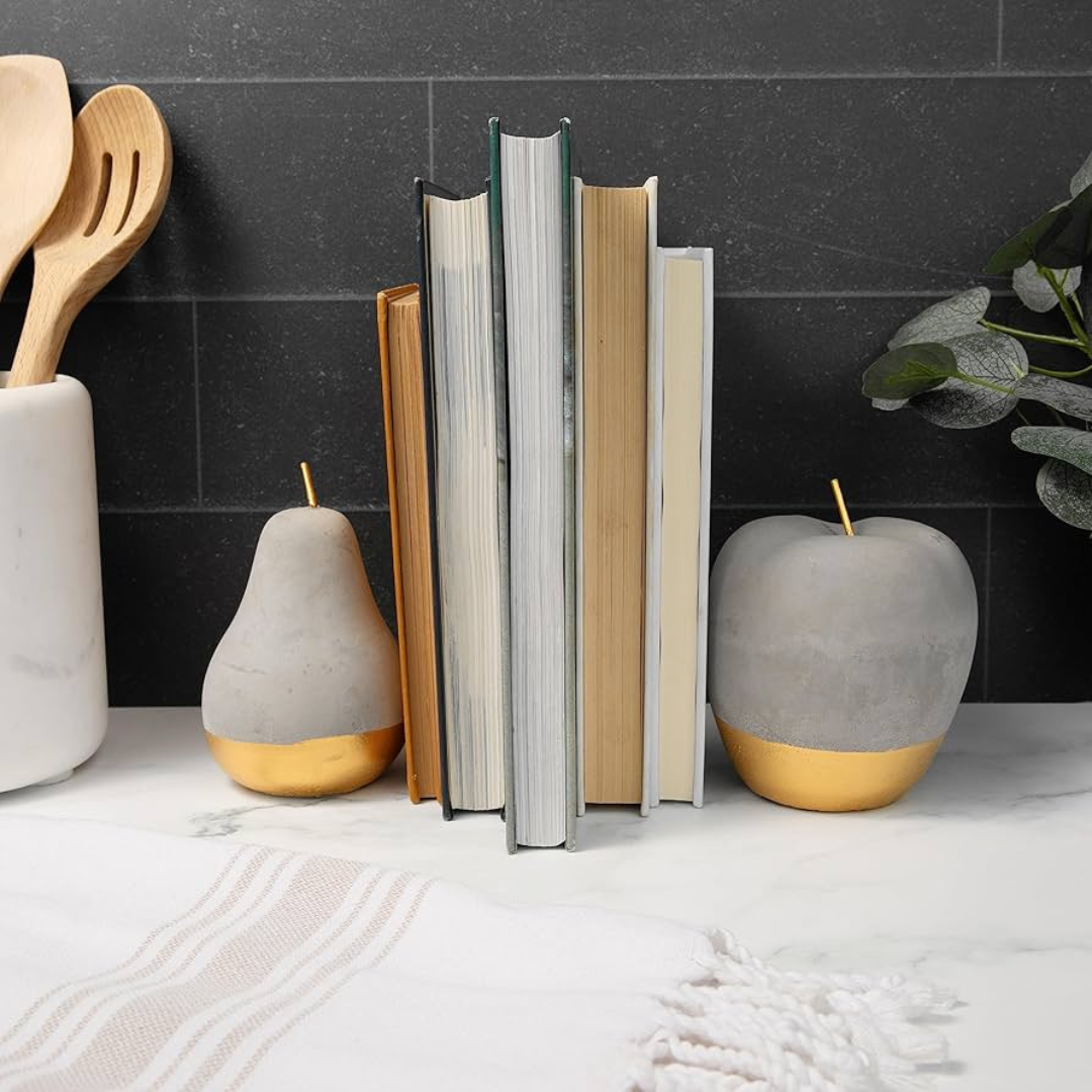 Modern Concrete Apple and Pear Decorative Ornament Set with Gold Detail