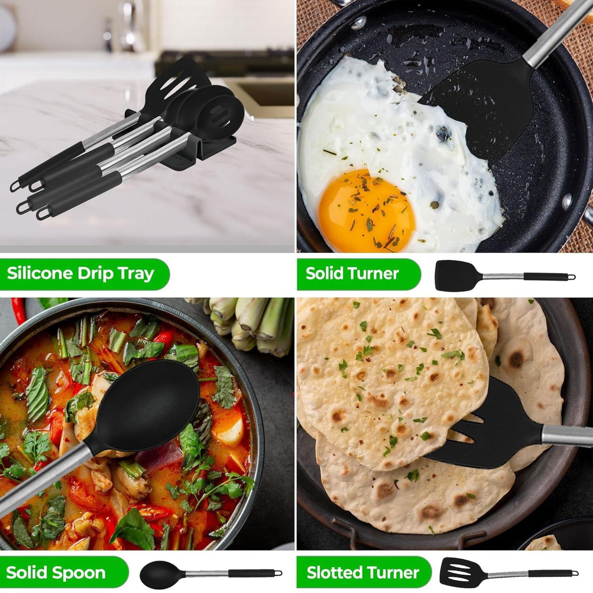 8 Piece Silicone Kitchen Utensil Set with Storage Bucket Black