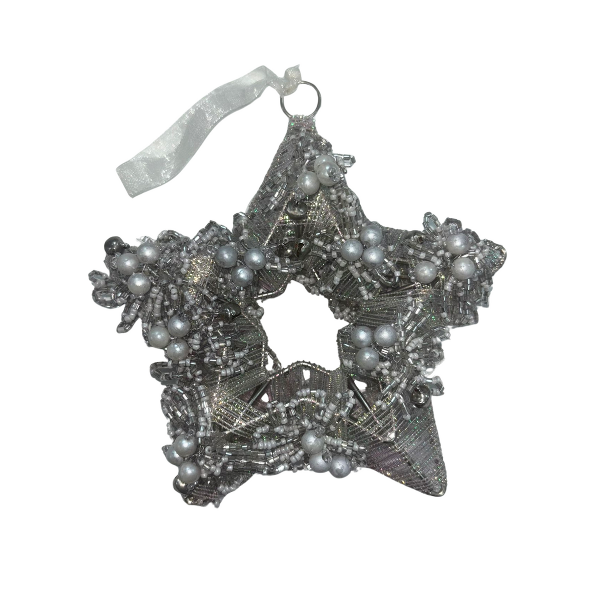 Silver Snowflake Tree Topper Beaded Star with Ribbon