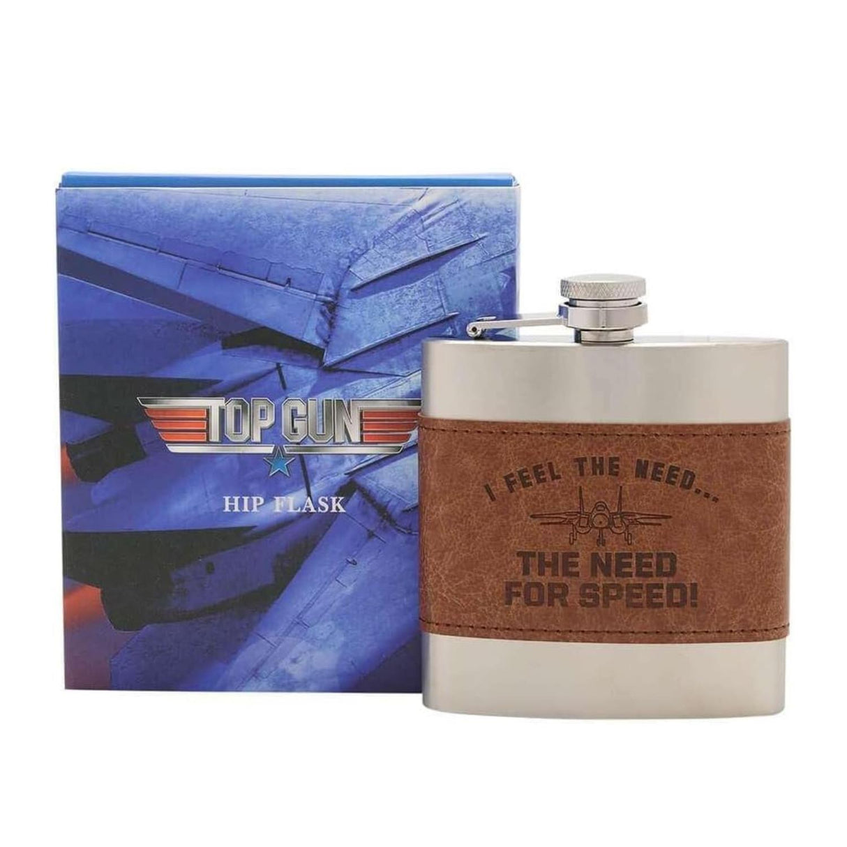 Top Gun Stainless Steel 6oz Hip Flask with Faux Leather Sleeve Brown