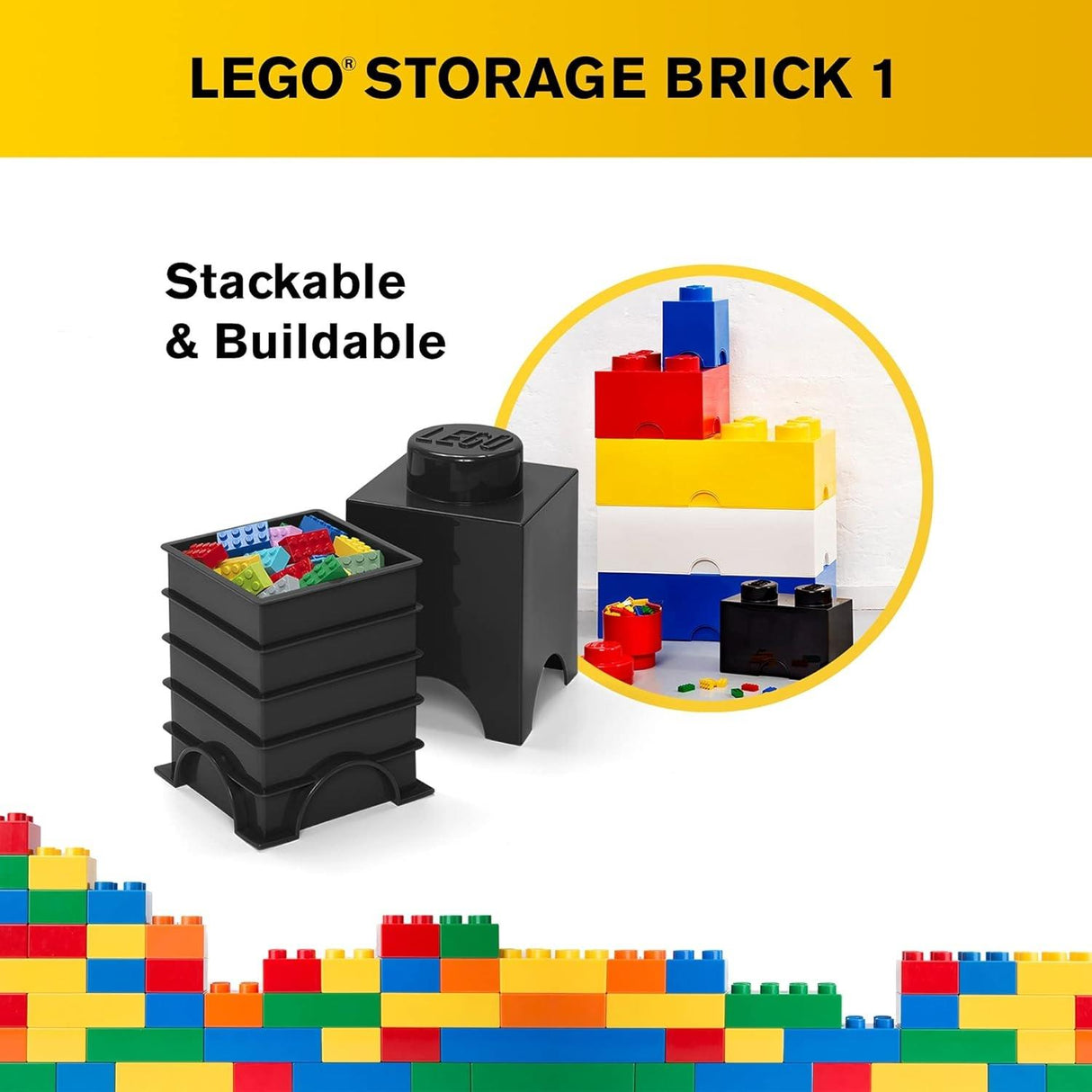 LEGO Round 1-Stud 1.2L Stackable Storage Brick Black
