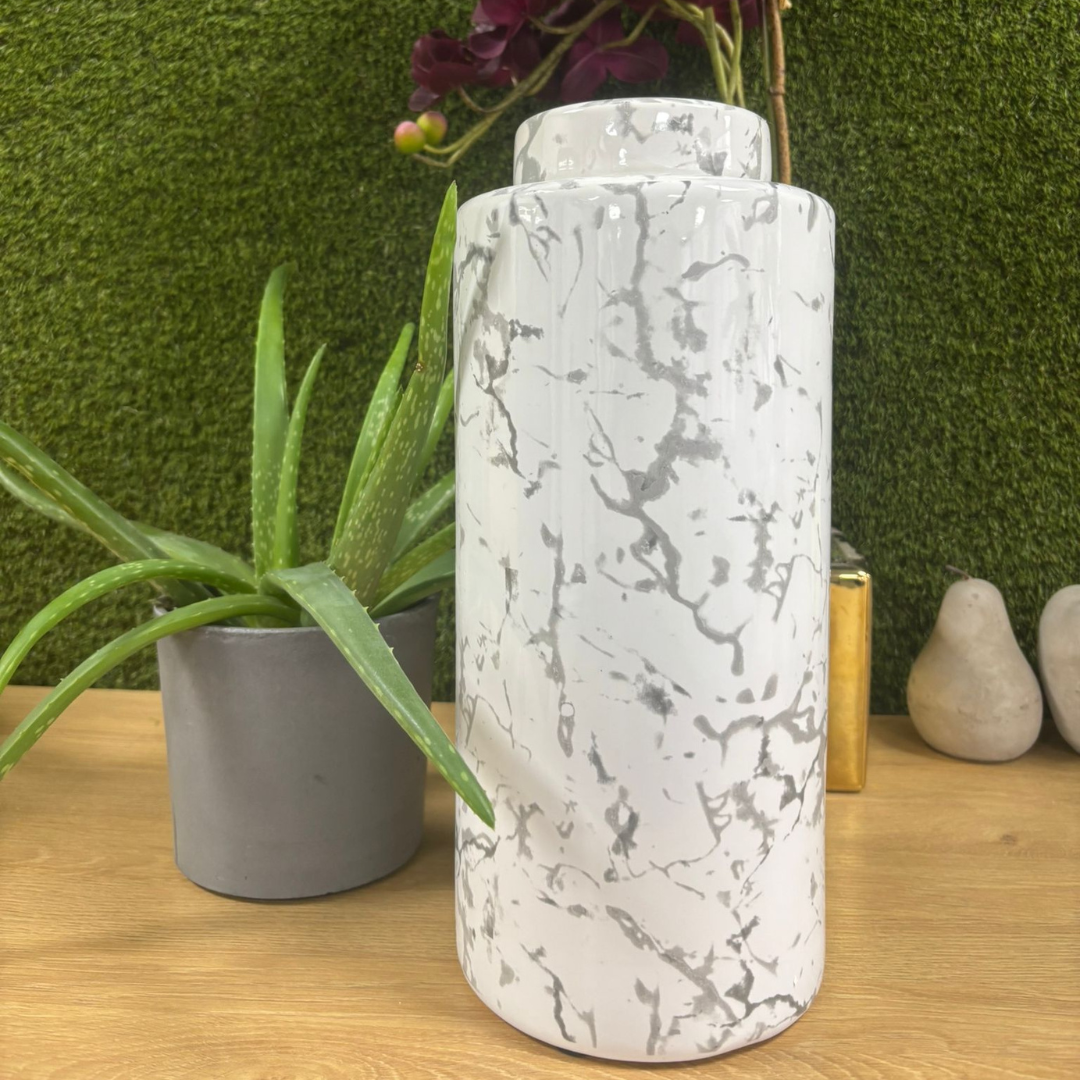 White and Grey Marble Effect Storage Jar with Lid H35cm