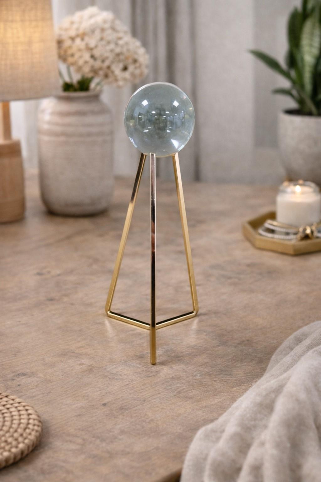 Crystal Ball with Gold Geometric Metal Stand 23cm Glass Sphere Decor