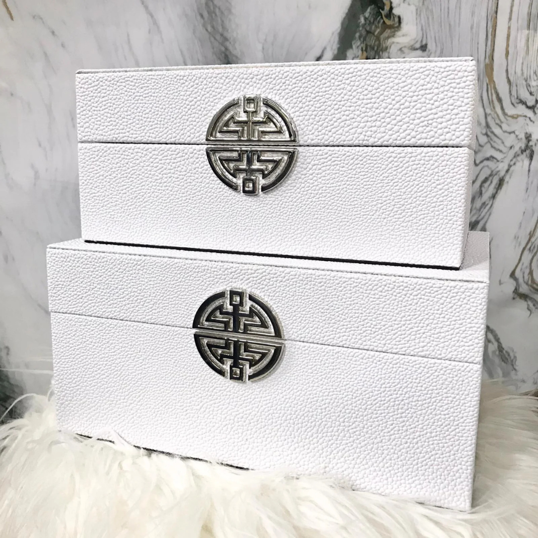 White Faux Leather Keepsake Box with Metal Clasp Set of 2