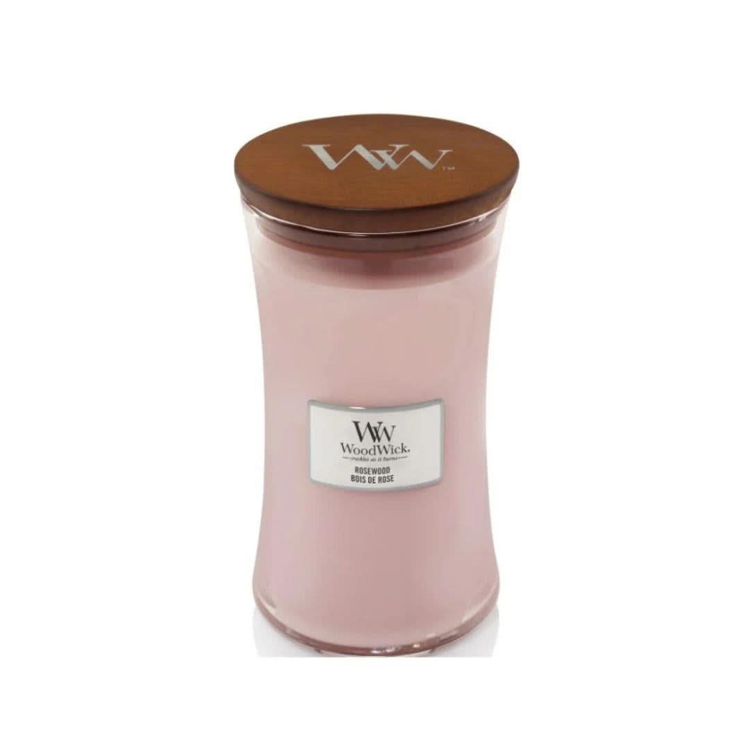 WoodWick rosewood scented candle large in a curved glass jar with wooden lid from CLICKK Home Store