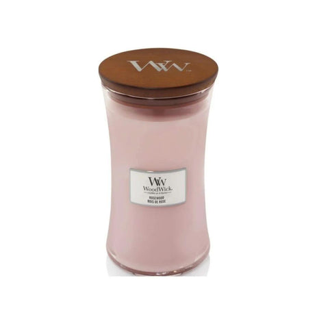 WoodWick rosewood scented candle large in a curved glass jar with wooden lid from CLICKK Home Store