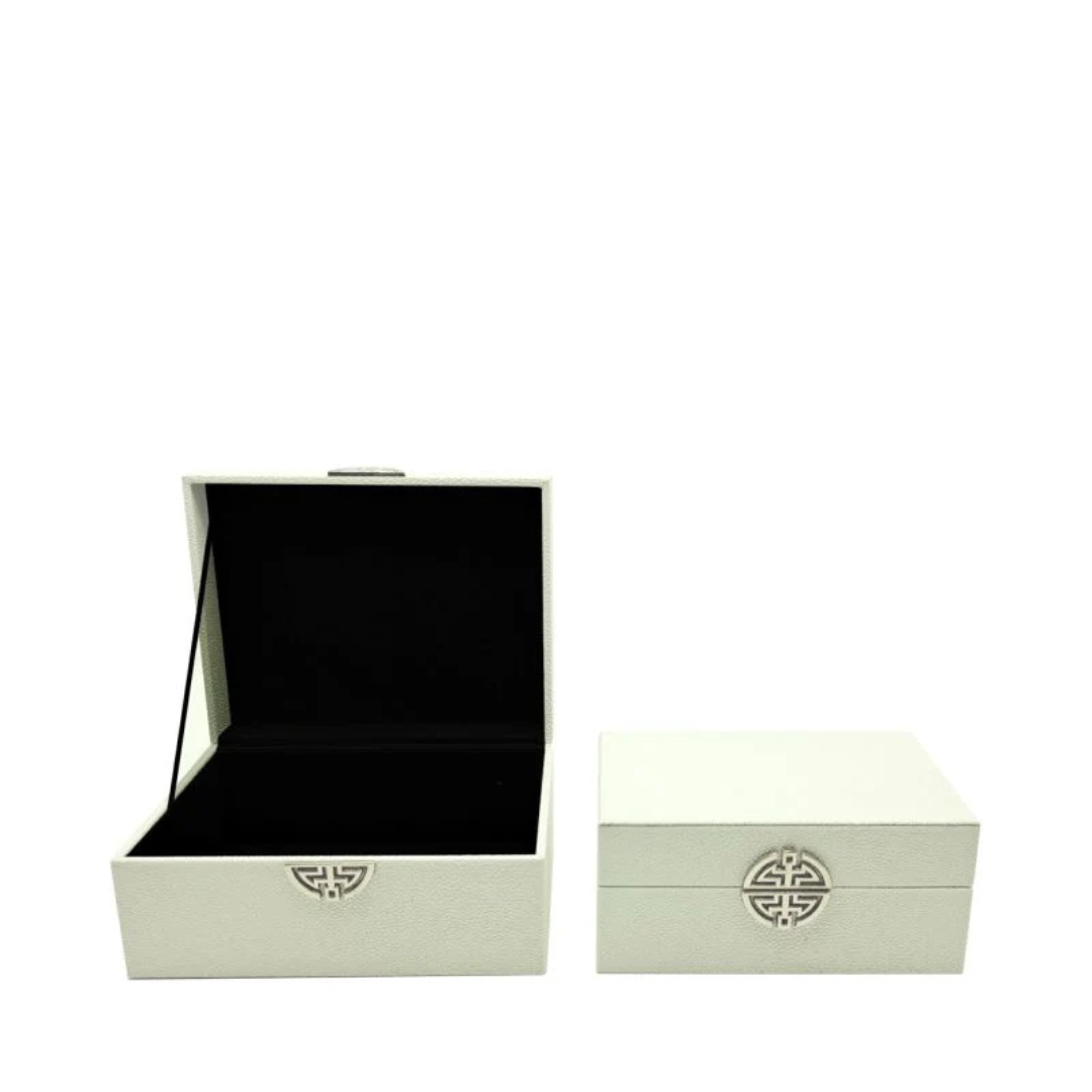 White Faux Leather Keepsake Box with Metal Clasp Set of 2